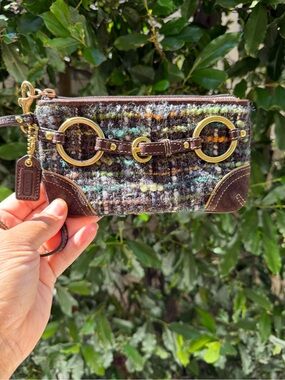 Coach Chelsea Boucle Tweed Wristlet in Brown Leather